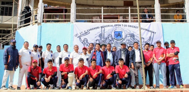 Khoney Mongko Chang, Central Executive Council Member of NDPP along with players of DC XI and TDCA at the 13th Late C Yanghori Memmorial T20 Open Cricket Tournament in Parade Ground, Tuensang.